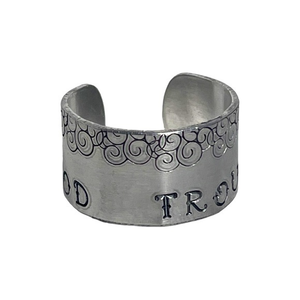 Handmade 10 stamped Good Trouble silver hypoallergenic adjustable wide cuff ring